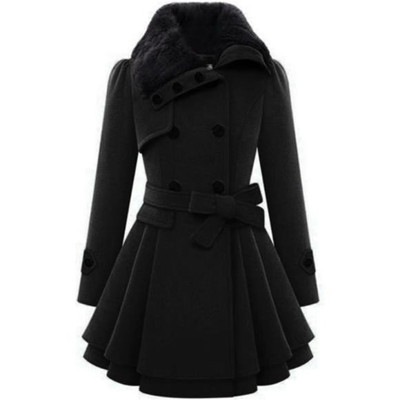 Women's Fashion Faux Fur Lapel Double-Breasted Thick Wool Trench Coat